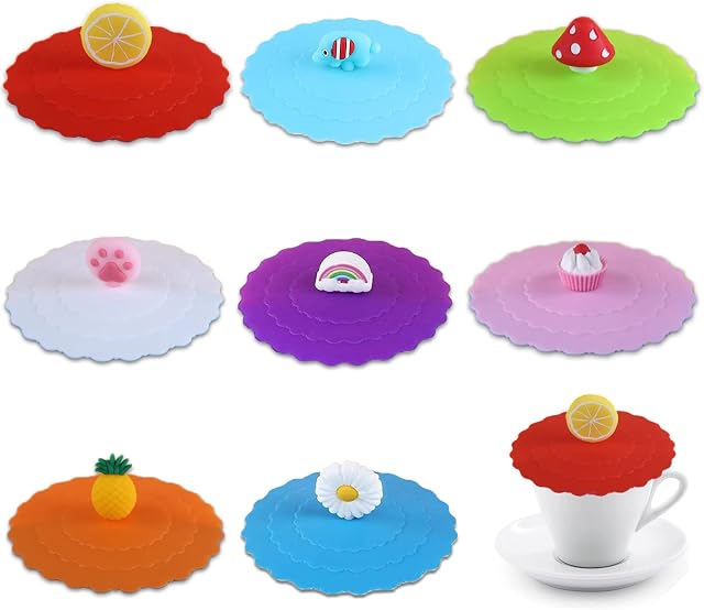 8 Pcs Silicone Glass Cup Covers,Cup Lids Reusable Anti Dust Cup Covers,10cm Food Grade Silicone Drink Glass Cup Lids,Creative Round Mug Cover for Coffee Tea Beer Wine Glass(8 Colors)
