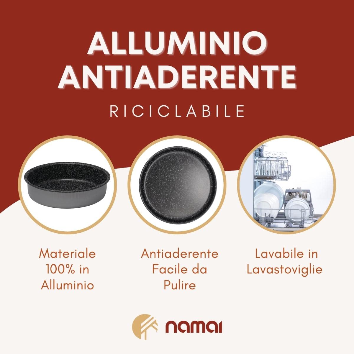 NAMAI - Bakplaat voor luchtfriteuse, aluminium, antiaanbaklaag, vaatwasmachinebestendig, taartvorm 18 cm, Made in Italy