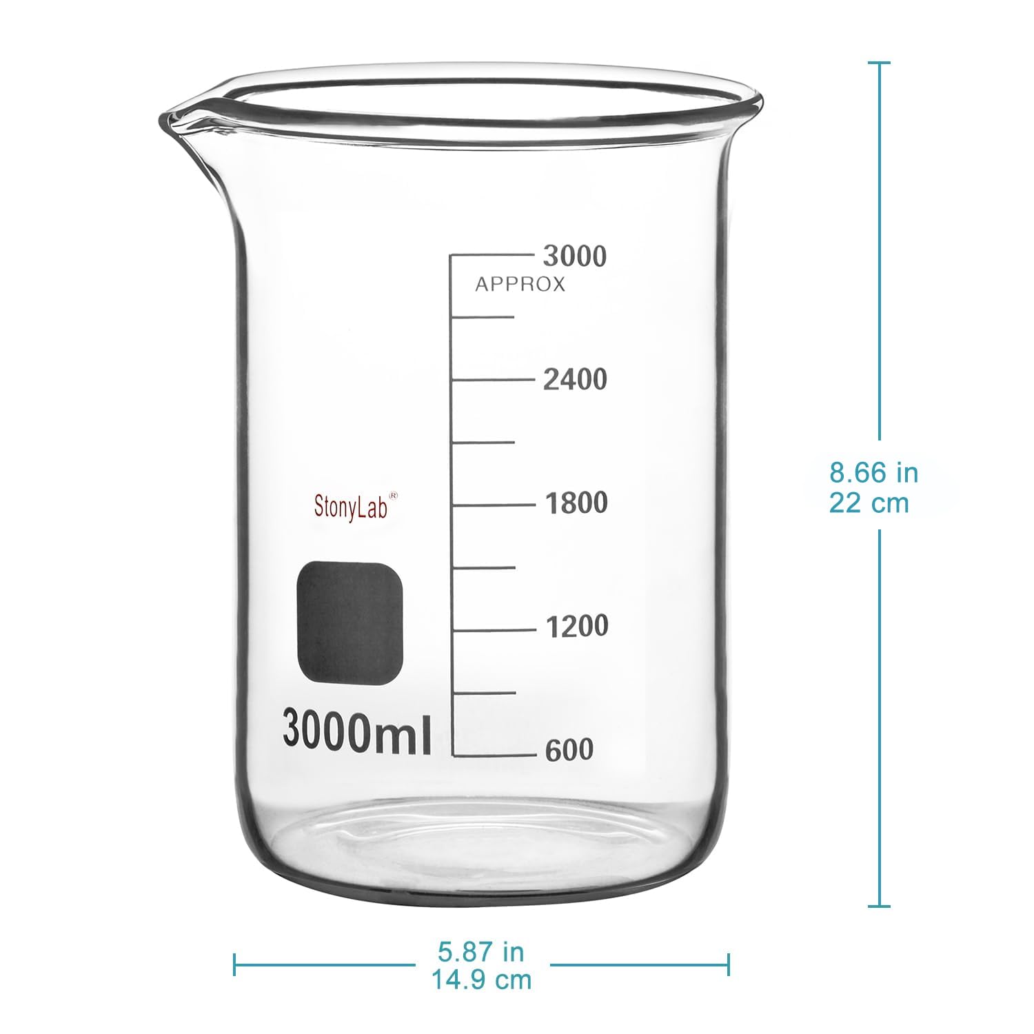 Vaso de Precipitados de Vidrio Borosilicato Graduado 3000 ml Forma Baja Griffin con Pico de Vertido