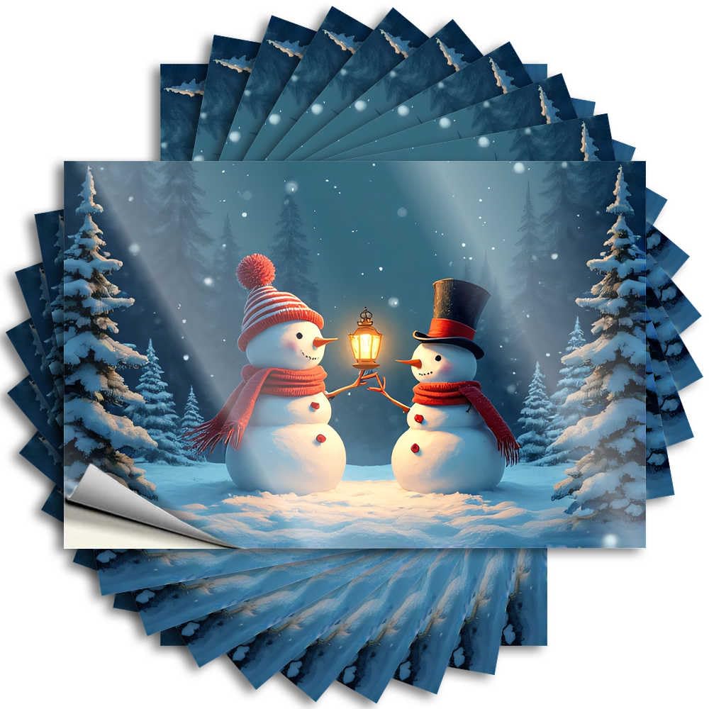 Vintage Kitchen Accessories Antimicrobial Sticker - Snowmen in Winter Wonderland with Lantern Case Waterproof Vinyl Sticker(6X9CM)