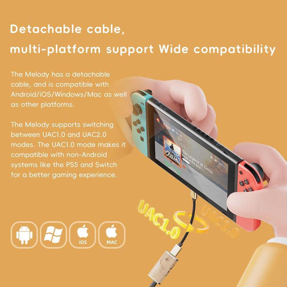FiiO/Snowsky Melody connected to a Nintendo Switch, illustrating multi-platform compatibility and detachable cable.