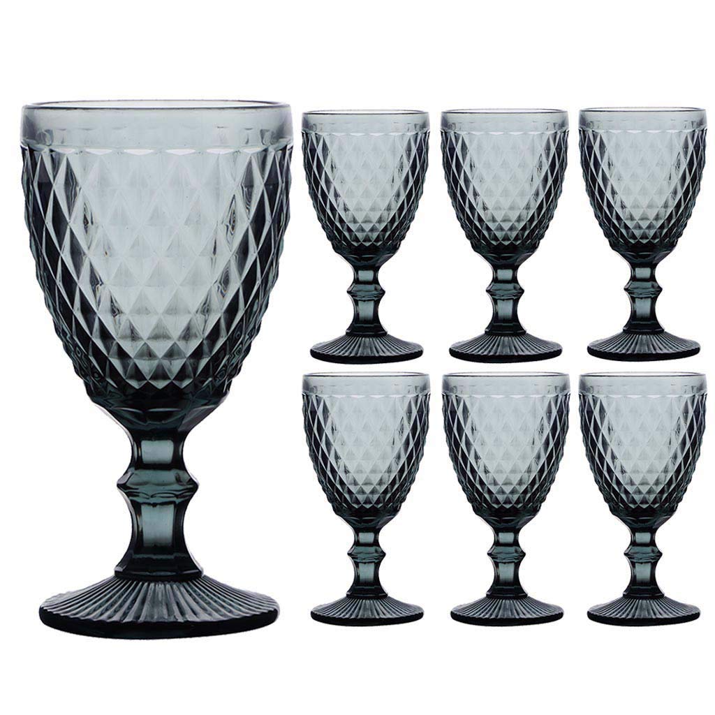 Set of 6 Grey Tinted Embossed 270ml Retro Wine Goblet Glasses Diamond Relief Dishwasher Safe Daily Dining Glassware