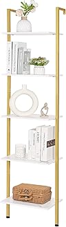 ELYKEN Ladder Shelf, Gold and White 5-Tier Wood Wall Mounted Bookshelf with Metal Frame, Modern Open Display Organizer Rack, Leaning Storage Shelves for Living Room, Bedroom, Home Office