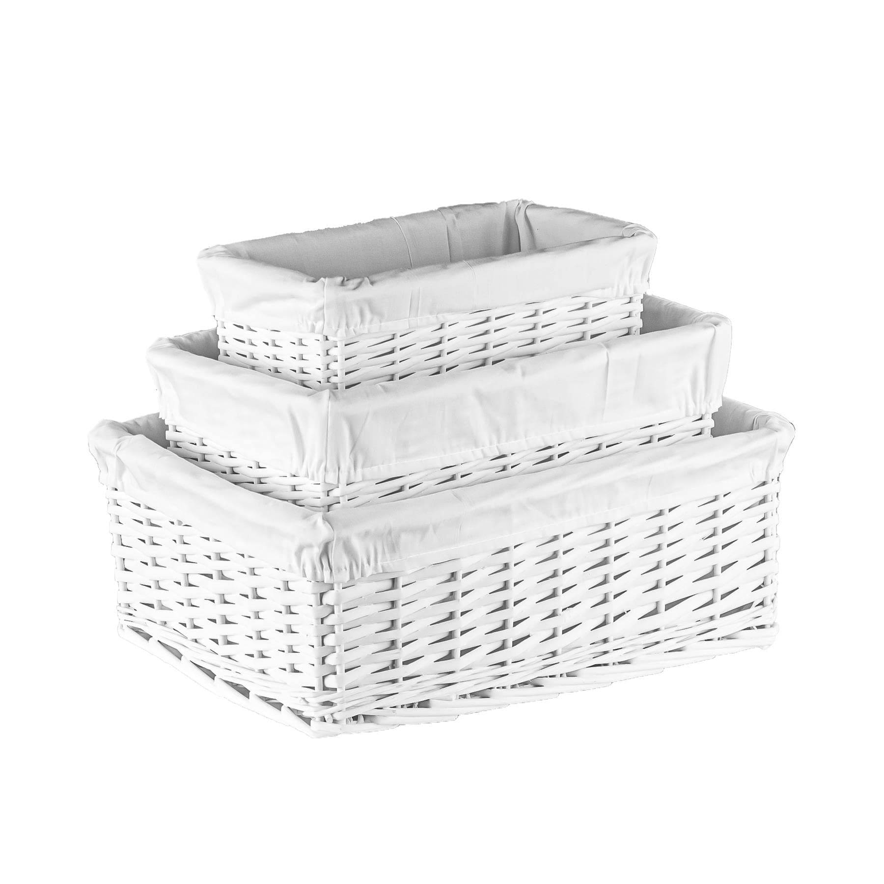Innoteck Essentials Set of 3 Wicker Storage Baskets with Lining - Decorative Kitchen Bathroom Hamper - Portable Basket with Washable Cloth Liners - Ideal for Home/Office & Gifts Hamper (White)