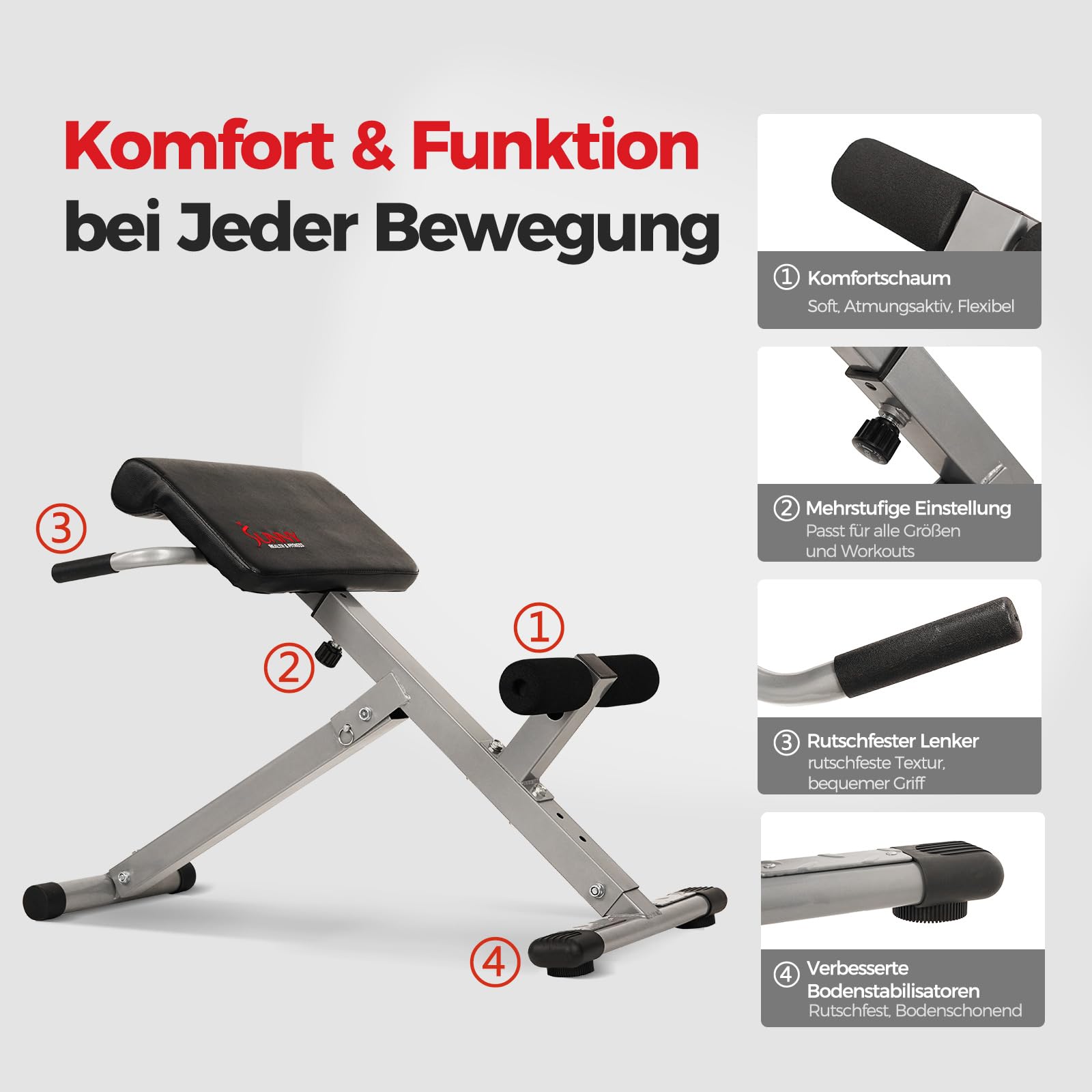 Sunny Health & Fitness Klappbar Roman Chair, Back Hyperextension Bench | Verstellbar Height, Trainiert Rücken, Bauch und Core, Heimtraining, 115-120 kg Belastbarkeit, Verbessert Flexibilität