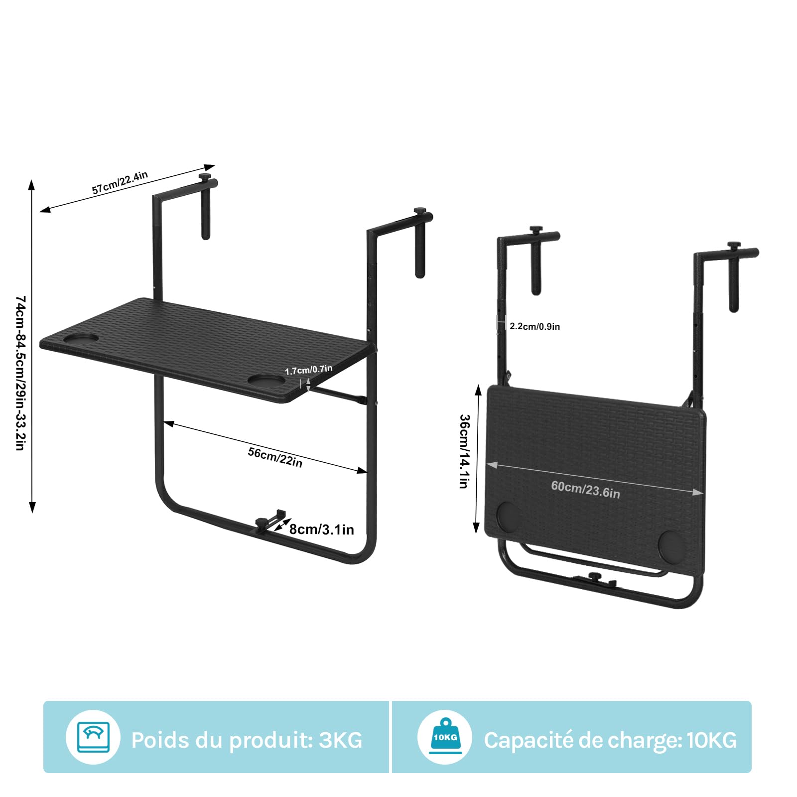 WOLTU Table de Balcon Rabattable et Suspendue, Table Exterieur Pliante avec 3 Hauteurs Réglables, en Aspect Rotin, Cadre en Métal, Noir