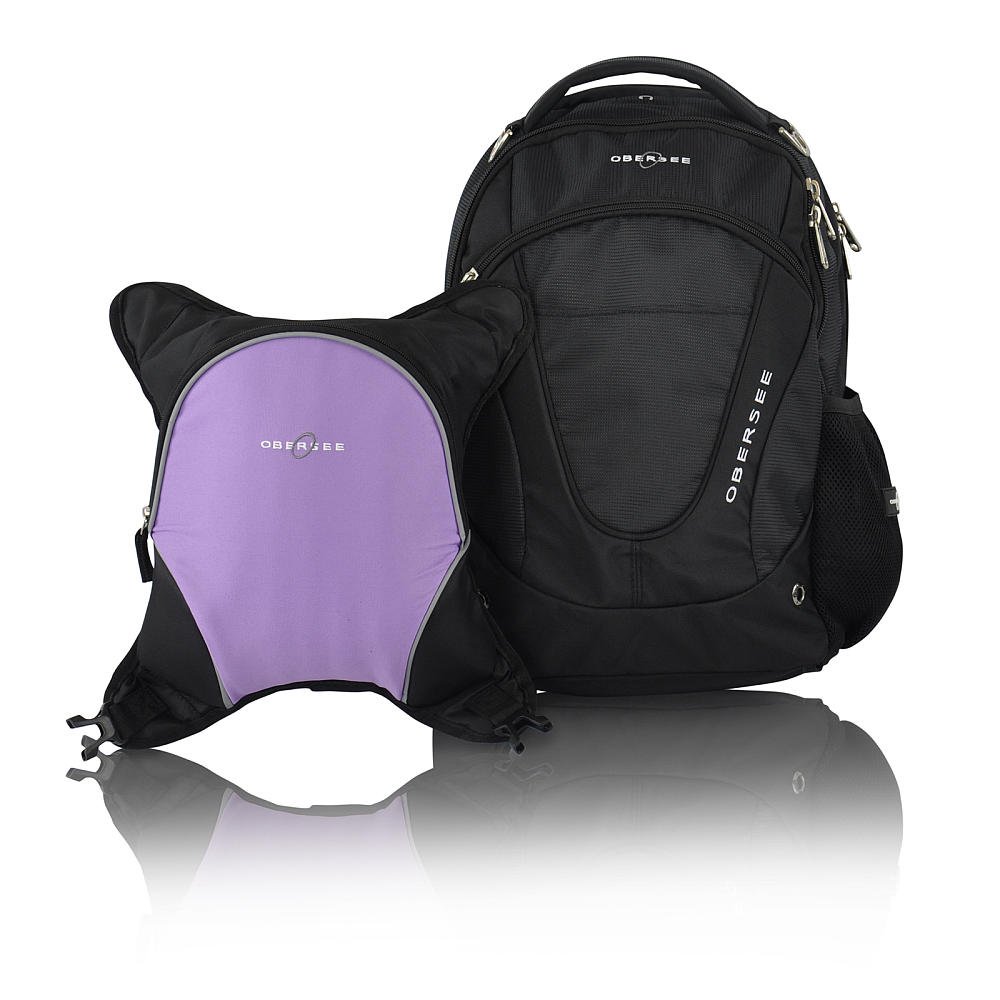 Obersee Oslo Diaper Bag Backpack with Detachable Baby Bottle Snack Cooler, Viola Baby changing kit, clothing cube, wet pouch, Black/Purple
