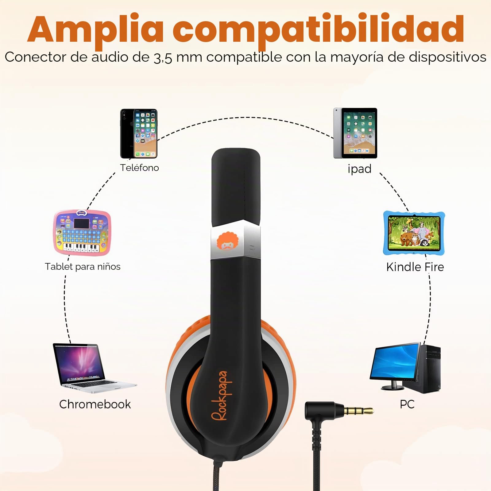Rockpapa Auriculares con Cable I20, Auriculares estéreo con Cable con micrófono para niños y Adultos, Diadema Ajustable, Auriculares Plegables para Viajes, PC, Mac, Laptop, teléfono (Negro y Naranja)
