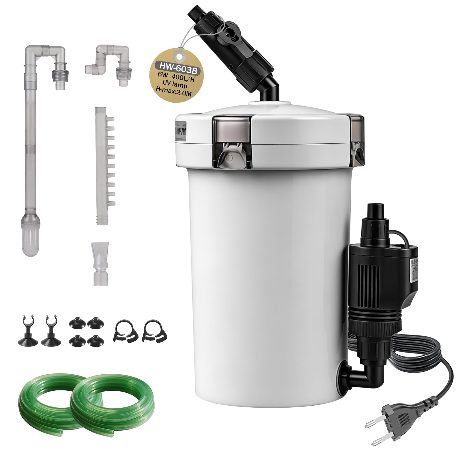 EXLECO Filtre Aquarium Externe Réglable 400L/H 6W, Silencieux Pompe a Air Aquarium avec Matériel de Filtration, pour Réservoir Jusqu’à 150 L, pour Poisson Rouge, Tortue Deau, HW-603B
