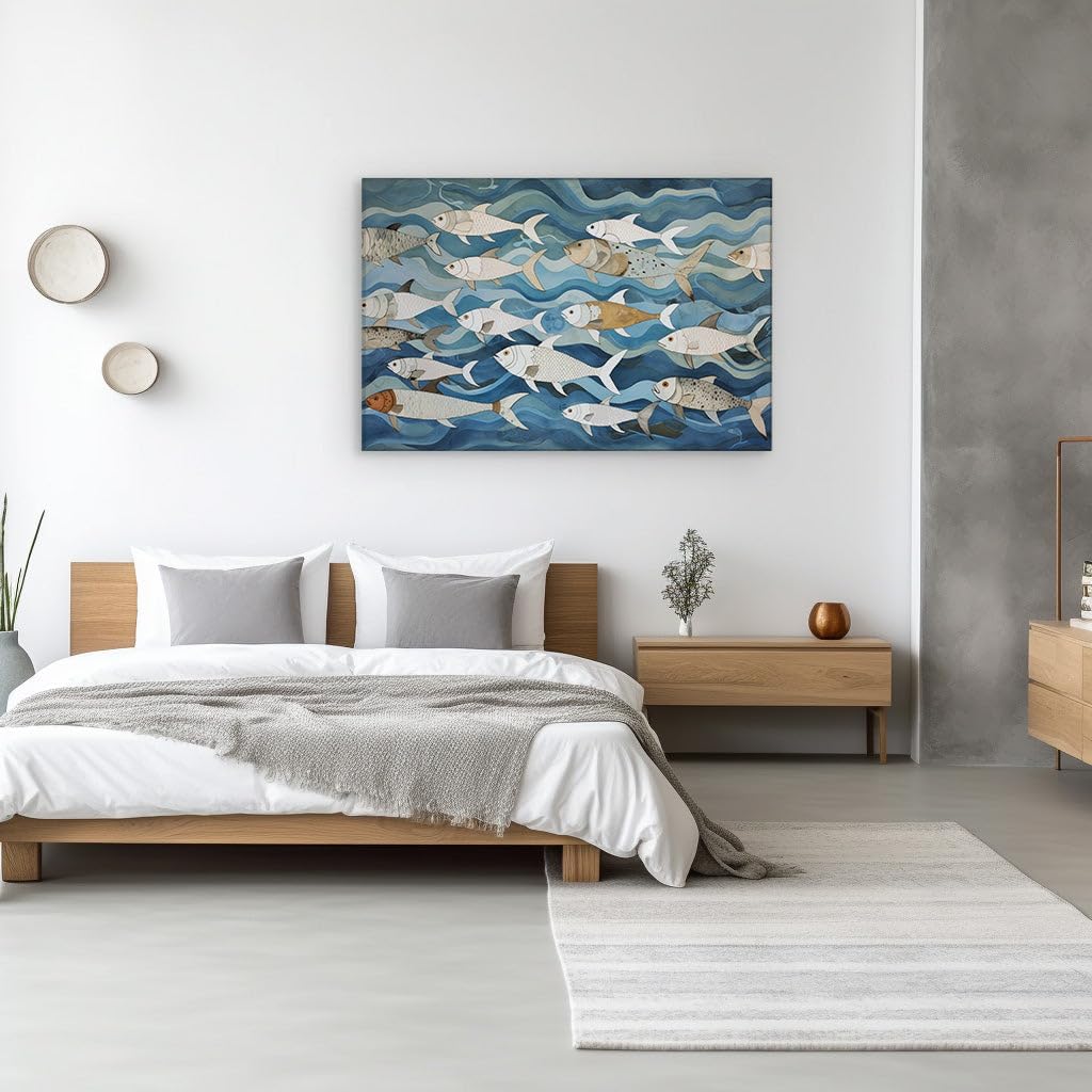 Canvas for Living room. Undercurrents of Vitality: An Energetic School of Fish in Abstract Waves, 27 x 18 inch Canvas Wall Art - Ready to Hang