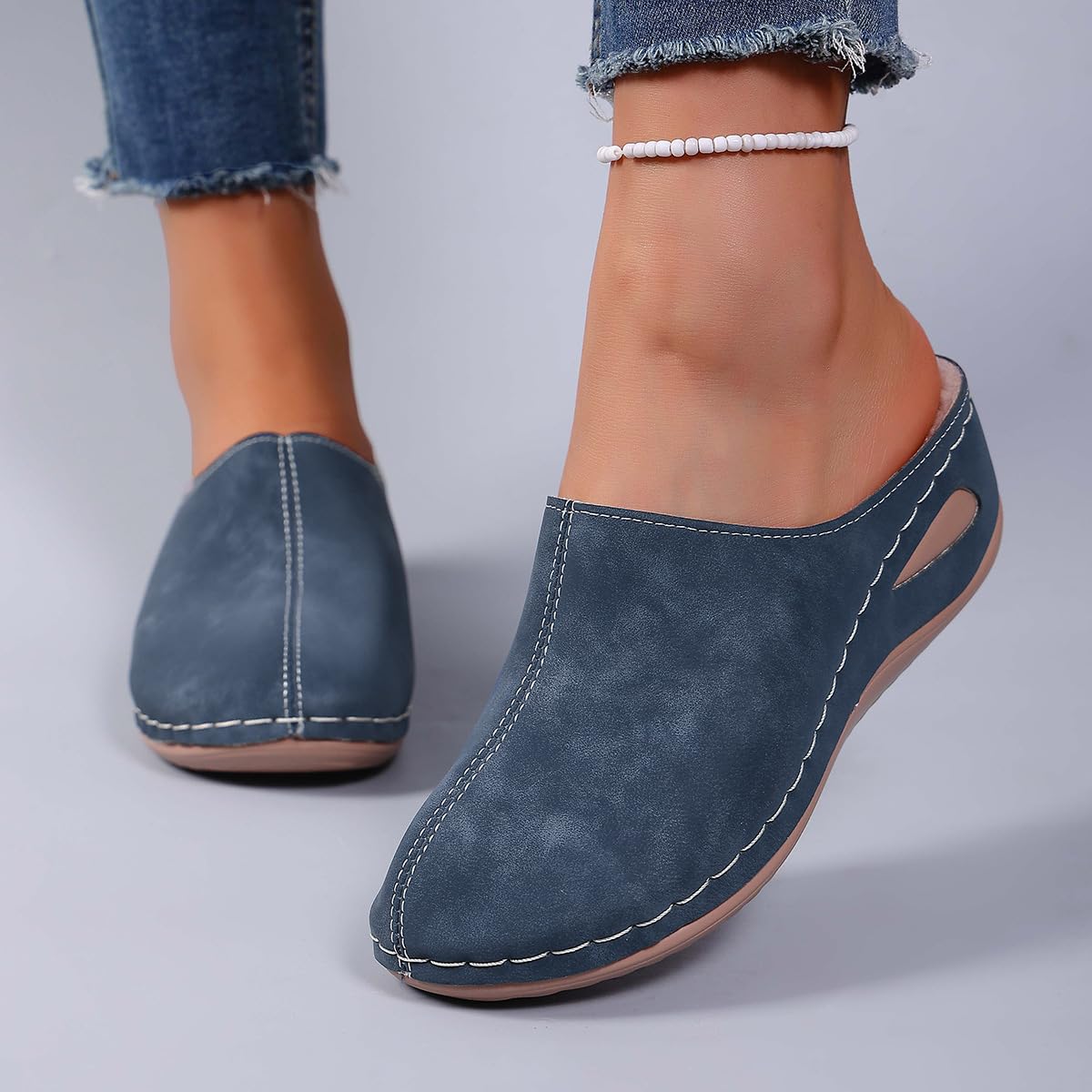 Zuecos con forro de piel para mujer, con plataforma de cuña cómoda, cálidas, para invierno, acogedoras, de ajuste ancho, de gamuza sin espalda