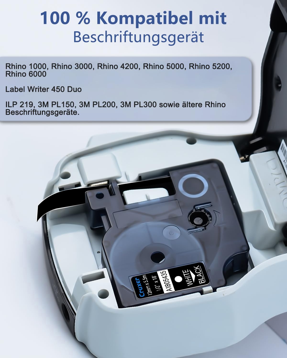 Cruxer 20-Pack Ersatz für Dymo Rhino IND 1805435 Weiß auf Schwarz 12 mm | 5,5 m IND Vinyl Etiketten, Kompatibel mit Dymo Rhino 1000 3000 5000 5200 4200 6000 6500 ILP219 3M PL150 Etikettendrucker