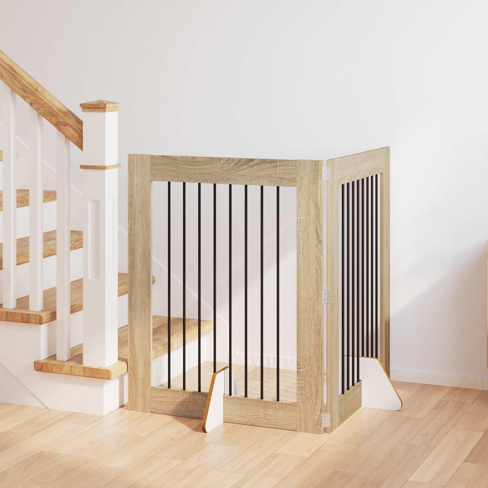 Puerta para perros con soporte, plegable, 2 unidades, roble Sonoma, 80 x 100 cm, metal interior y exterior, protección para perros y cachorros, seguro portátil para casa, apartamento