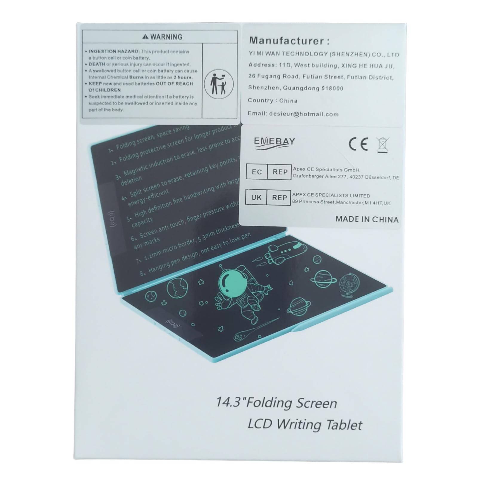 EMEBAY Tablet do pisania 14,3" składany ekran LCD, ultracienki cyfrowy notatnik dla dzieci i dorosłych, wymazywalny notatnik do tabletu, pisania, rysowania, zostaw wiadomość