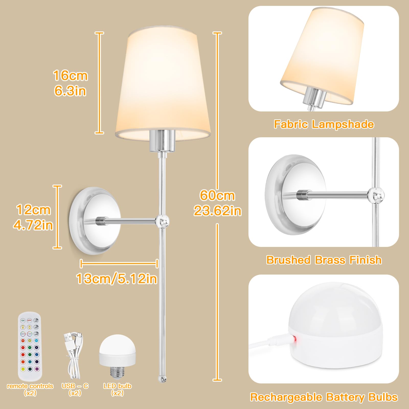 Wandleuchte Innen USB Aufladbare, Wandlampe Akku Dimmbar Drahtlose Wandbeleuchtung mit 3000K-6000K, 12 RGB und Fernbedienung für Schlafzimmer Wohnzimmer Flur Nachttischlampe - Chrom