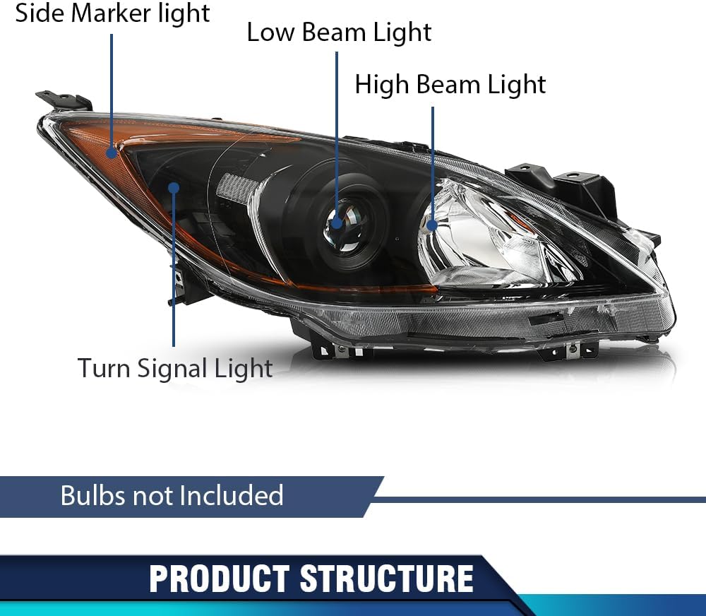 PIT66 Headlight Assembly Pair w/o Bulbs Compatible with Mazda 3 / Mazda 3 Sport 2010 2011 2012 2013 Front Halogen Headlamps Front Lights Clear Lens Black Housing Amber Reflector