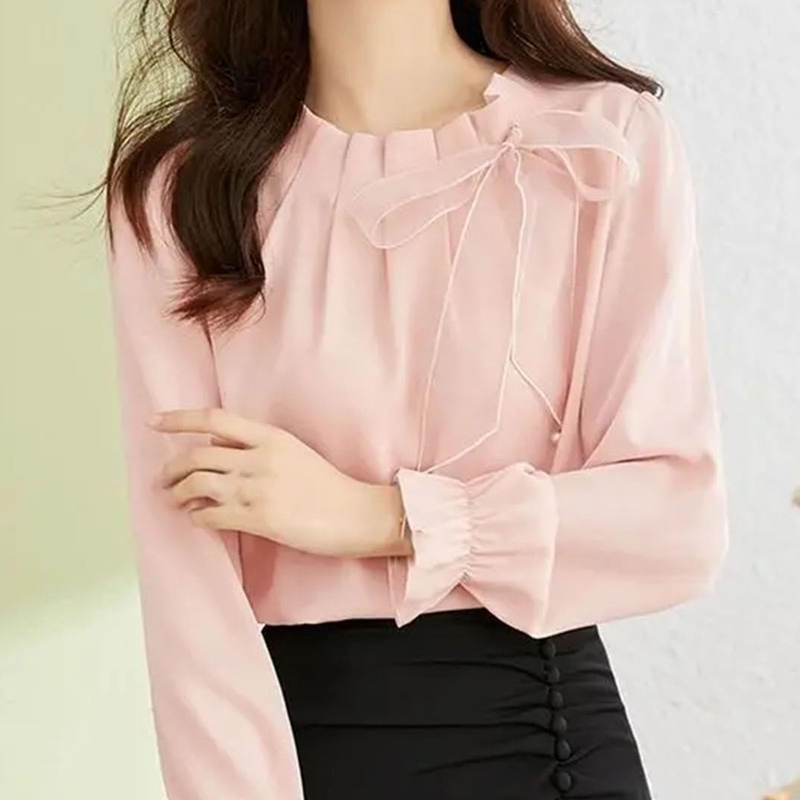 Blusa de gasa plisada con lazo y cuello redondo para mujer, diseño de color sólido, camiseta de manga larga que combina con todo