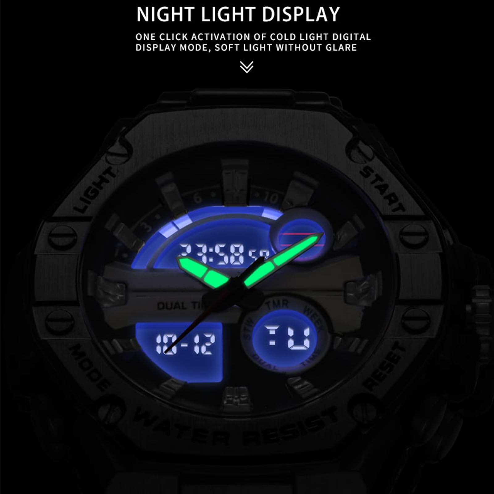 Herrenuhr Silber Edelstahl Digital Uhr Chronograph Herren Armbanduhr Seniorenuhr 5 ATM Wasserdicht Großes Ziffernblatt Militär Leuchtende Klassisch Elegant Elektronisch Analog Quarz Watches for Men