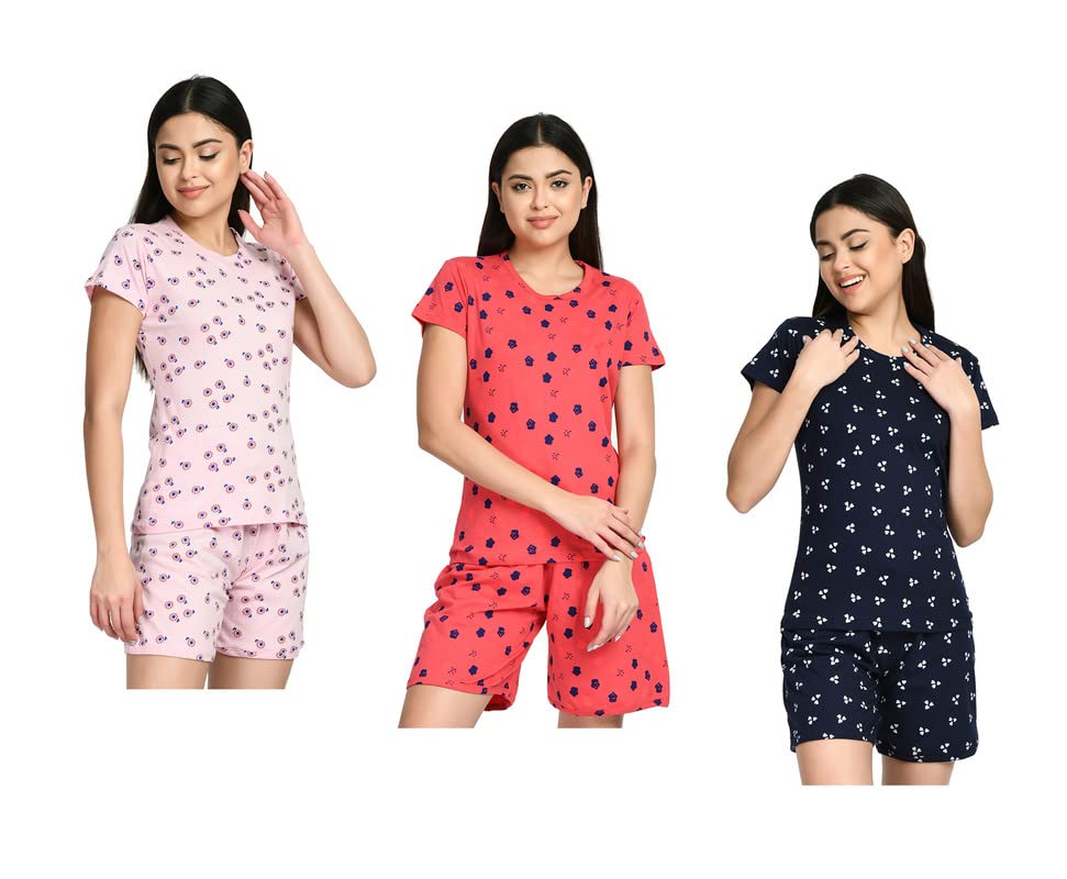 Image of IndiWeaves Cotton Printed Tops and Shorts Set Night Suit for Women (Pack of 3) Pink::Caret::Dark Blue