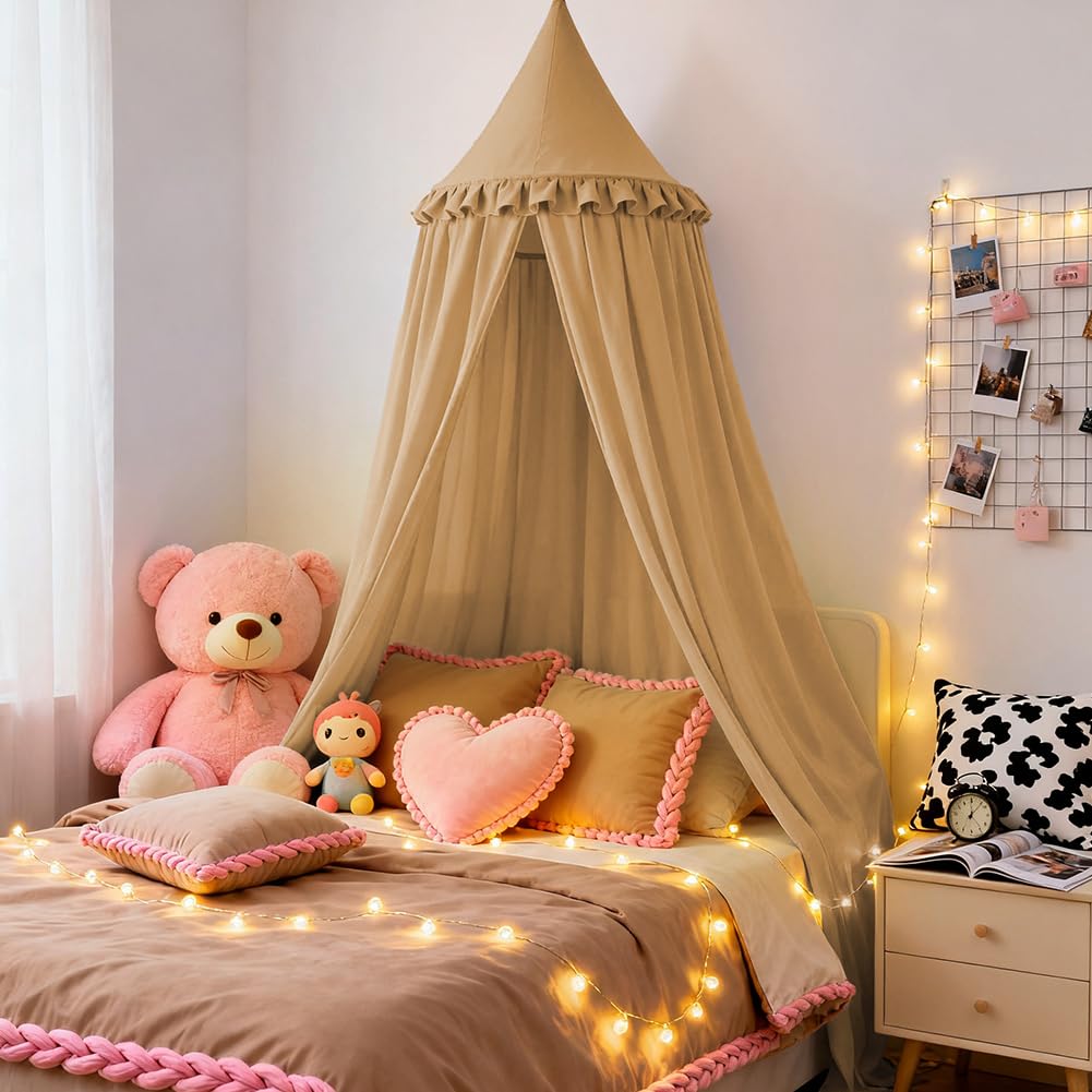 HOTUT Baldacchino per Letto Bambini con Volant,Tenda Sospesa per Culla,Tenda Zanzariera Cupola Rotonda Baldacchino per Decorazione Lettino Culla Bambini Cameretta Camera da Letto Lettura(Torrone)