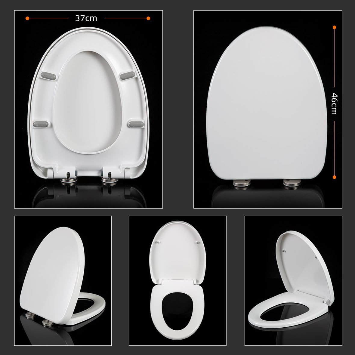 Sedile WC allungato con chiusura rallentata, a sgancio rapido e chiusura lenta, facile da installare e pulire, adatto a WC allungati o ovali, bianco, 36 x 45 cm (37 x 46 cm)