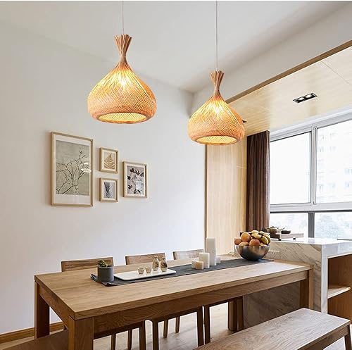 Miniatura 8 de RAHYMA Lámpara colgante de 3 luces tejida a mano de bambú colgante de iluminación para isla de cocina, lámpara de mimbre colgante para sala de