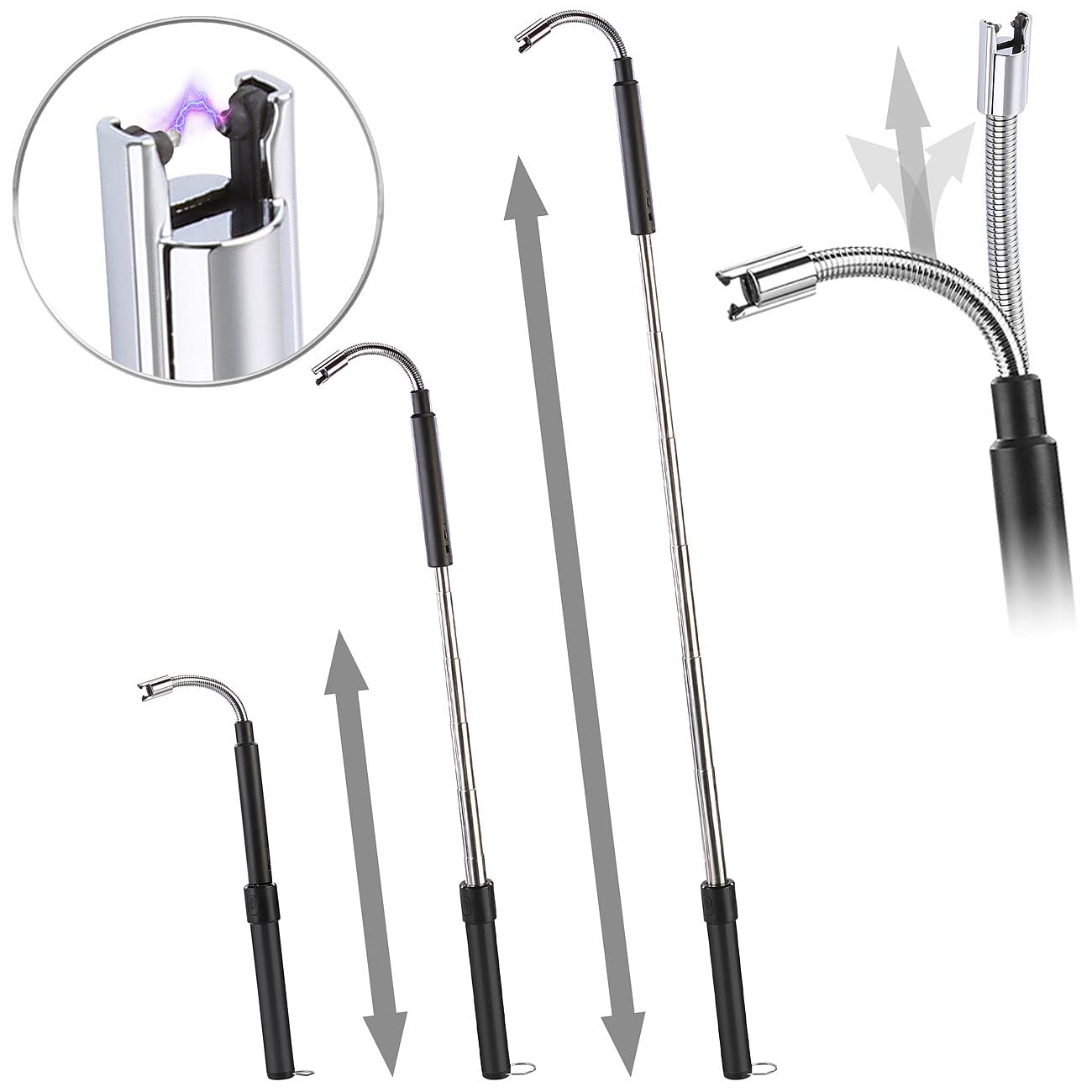 PEARL Lichtbogenfeuerzeug: 2er-Set ausziehbare Teleskop-Akku-Feuerzeuge, USB-Ladefunktion, 80 cm (Feueranzünder, Elektrischer Kerzenanzünder, BBQ)