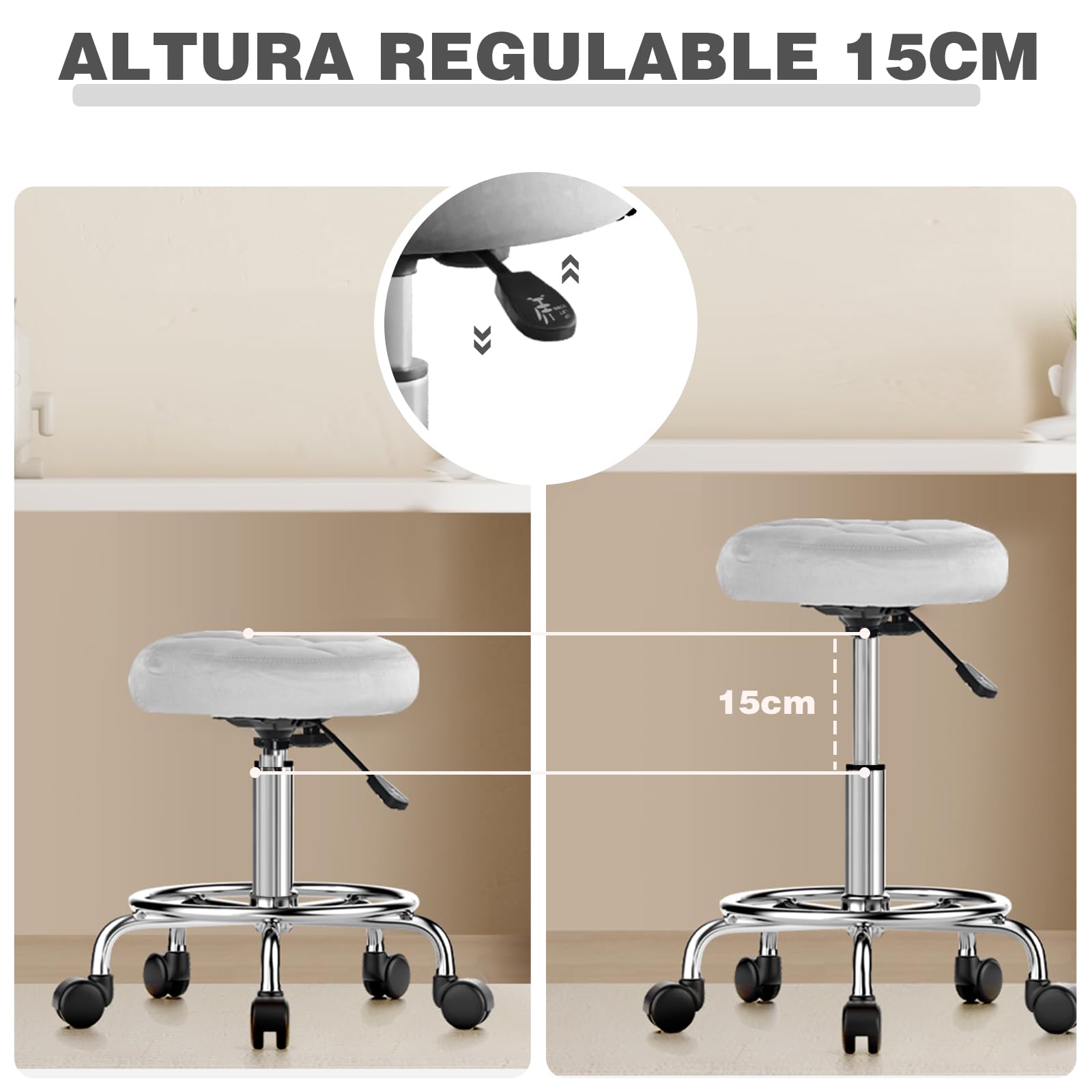 Taburete Redondo de Terciopelo Silla de Oficina Altura Ajustable 49-64 cm Giratoria 360° Gris