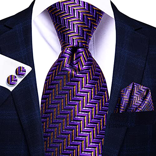 Image of Hi-Tie Men Ties Sets Silk Stripe Paisley Necktie Pocket Square Cufflinks for Business Wedding