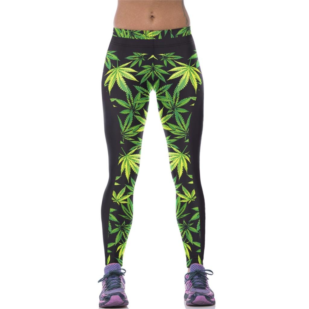 Fashion Women Adventure Time Leggins Leaf Printed Leggings Pants Green Milk Leggins