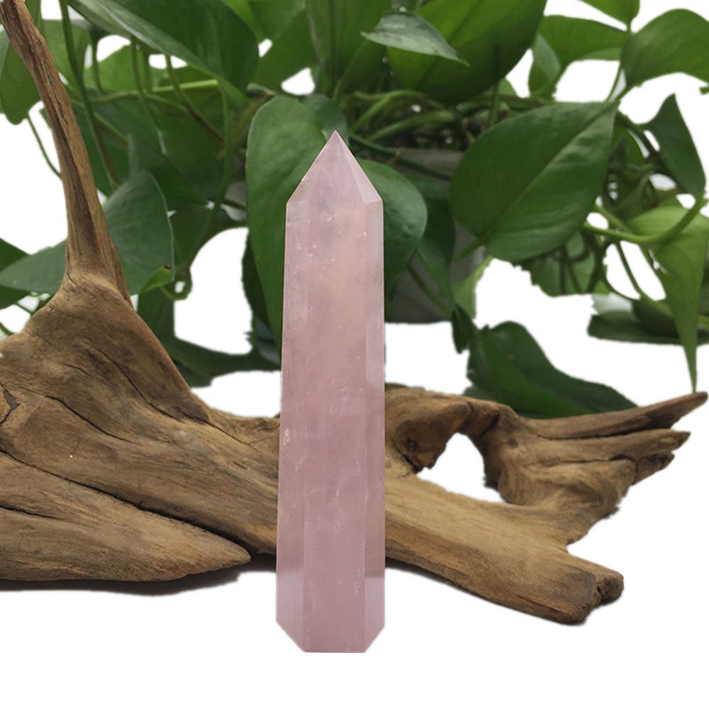 MOSOAO Rose Quartz Healing Crystal Point 6 Faceted Prism Wand Carved Reiki Chakra Meditation Therapy