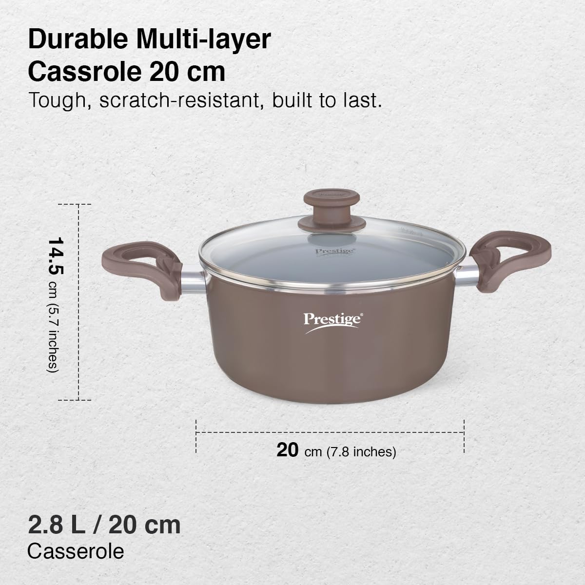 Prestige Ceraglide Duo Casserole 20cm/2.8L with Glass Lid Non-Stick Ceramic Coating|Works On Gas & Induction|High Heating|Cool Touch Handle|Grey 1