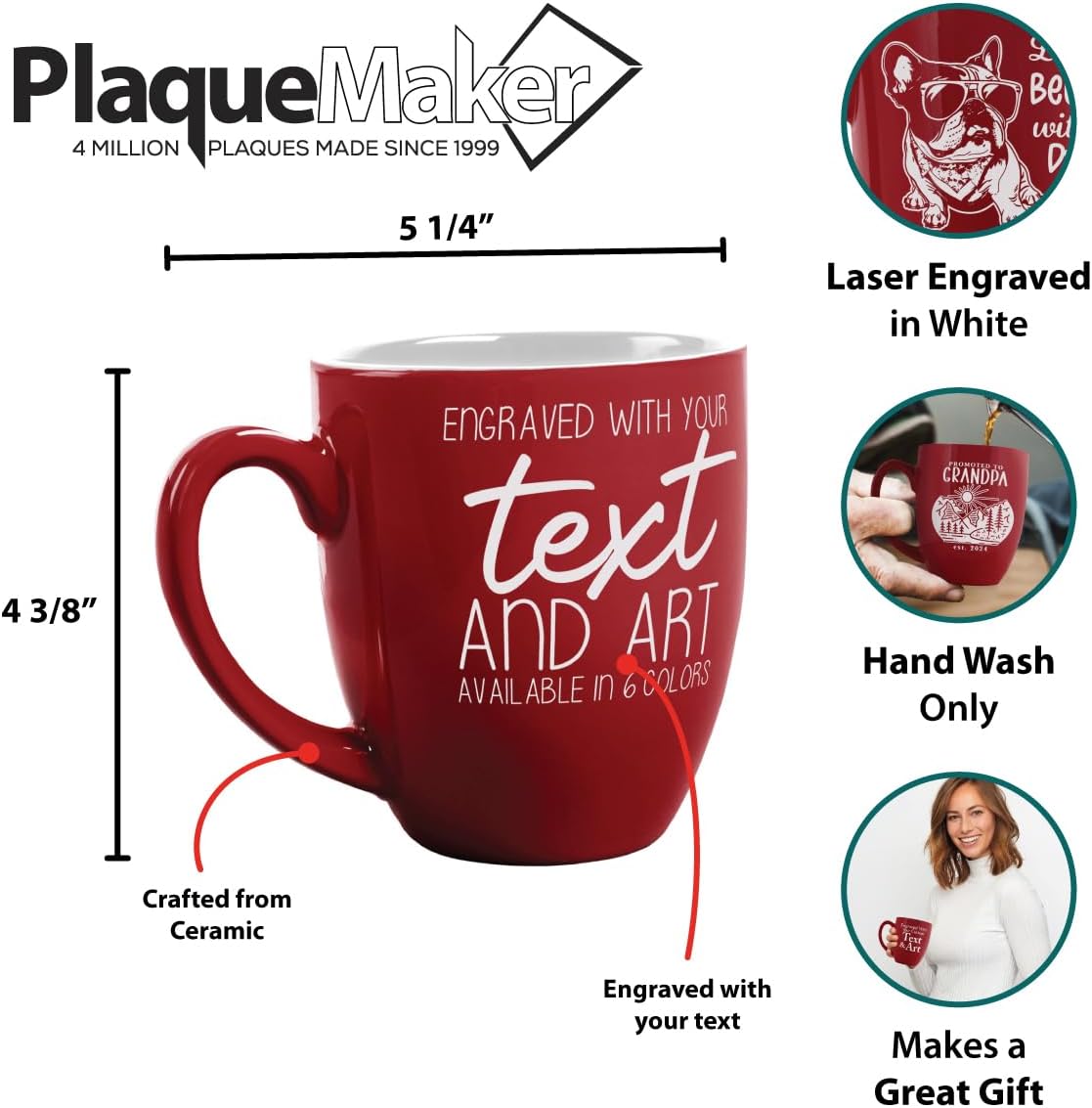PlaqueMaker Custom Ceramic Bistro Coffee Mug, Personalized Laser-Engraved Text, 16 Ounces (Red)