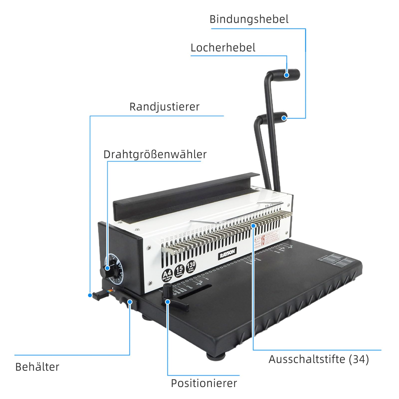 RAYSON Drahtbindegerät, 34 Löcher, 130 Blatt, TD-1500B34 | Robuste Metallkonstruktion, 34 Herausnehmbare Stanzmesser, Kostenloses Bindematerial im Lieferumfang enthalten