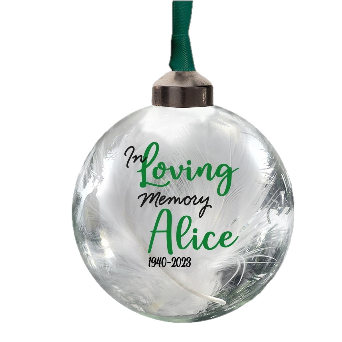 Personalised In Loving Memory Glass Bauble In 11 Colours Filled With White Feathers 8cm Round Glass Memorial Hanging Decoration (Green)