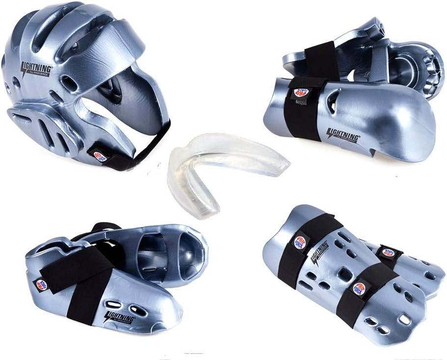 Lightning 8 Piece Deluxe Gear Set w/Shin Guards & Free Mouthpiece (Red, Child Large)