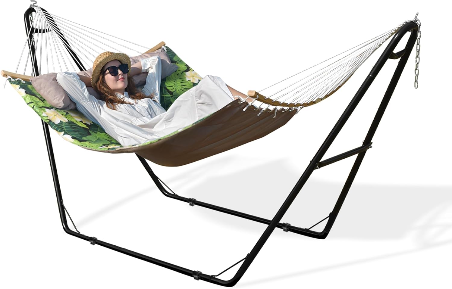 Double Hammock, 11 FT Quilted Fabric 2 Person Hammock for Outside with Pillow and Stand,Folding Curved Spreader Bar, Chains, Carrying Bag, Indoor Outdoor, 450 IB Capacity, GreenLeaves
