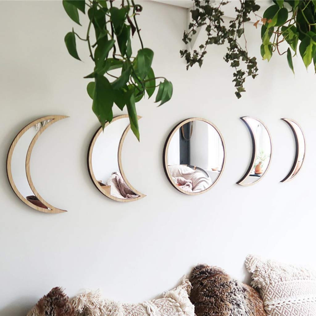 Novacentix Beige 5 Piece Scandinavian Wall Decoration Made Of Wood & Acrylic, Moon Phase Mirror Set, Bohemian Design For Living Room & Bedroom,