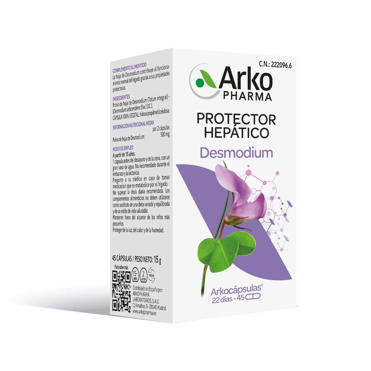 Arkopharma - Arkocápsulas Desmodium, 45 Cápsulas, Complemento Alimenticio con Desmodium Adscendens, Ayuda al Funcionamiento Normal del Hígado, Bienestar Hepático, Apto Veganos