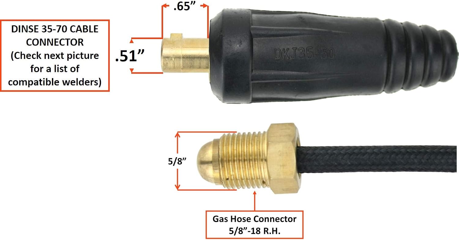 SÜA - 26FV Series - 200 Amp - Air Cooled - Flexible Head TIG Torch with Valve - 12.5 feet 2-Piece Cable - Dinse 35-70 Connector
