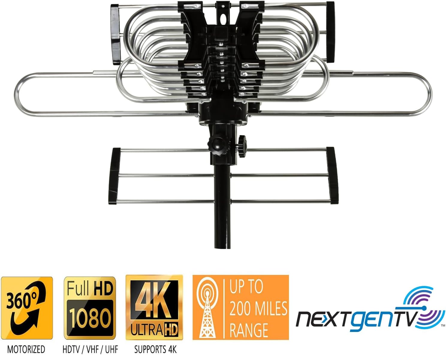Five Star 2026 Upgraded Outdoor TV Antenna - 200 Mile Range Motorized 360° Precise Rotation HDTV Antenna, Smart Amplified NextGen ATSC 3.0 4K 1080P, Supports 5 TVs, Tool-Free Setup with Mounting Pole
