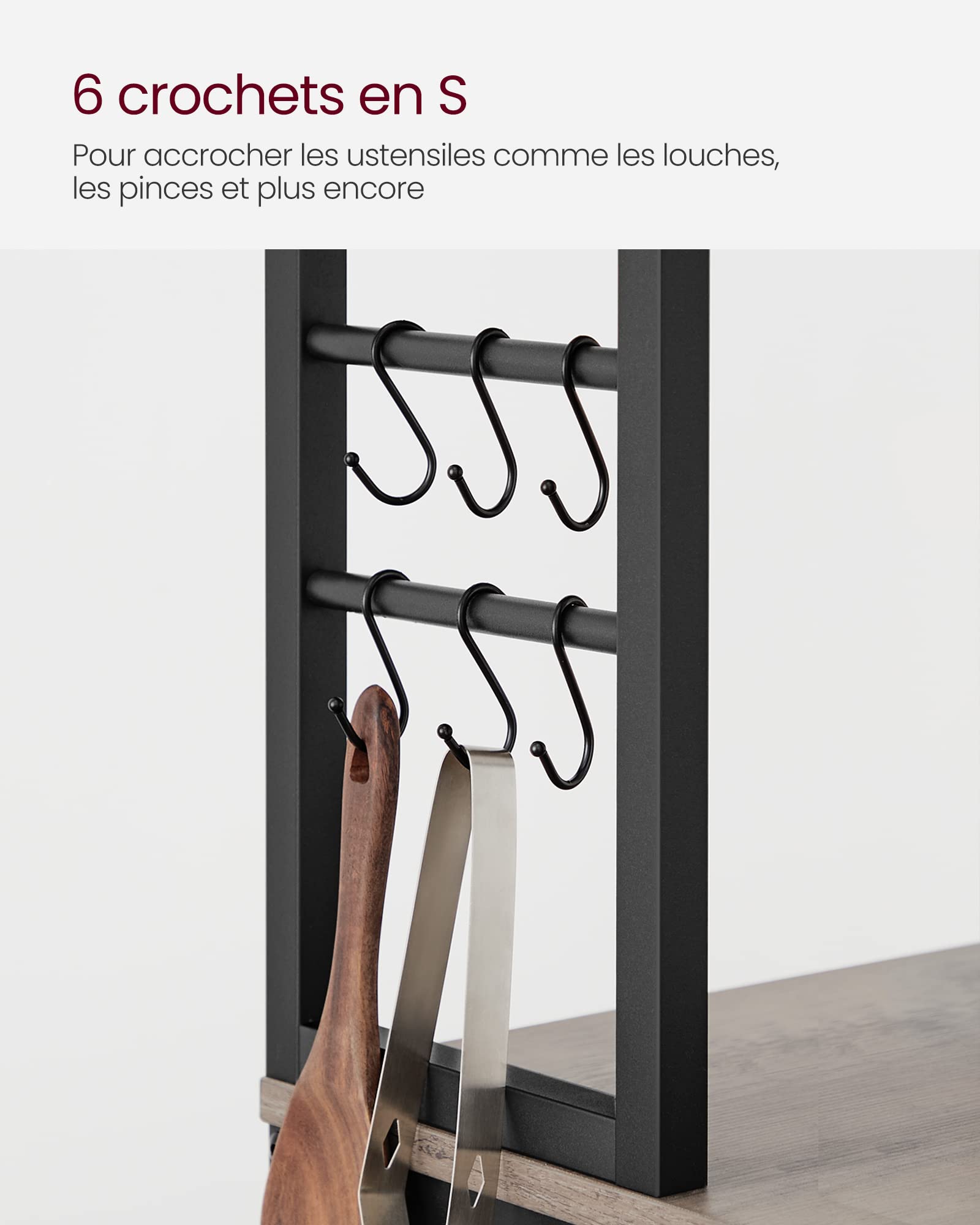 VASAGLE Étagère de Cuisine, Étagère pour Machine à Café, 6 Étagères et 6 Crochets, pour Four à Micro-Ondes, Cadre en Acier, Style Industriel, 40 x 60 x 167 cm, Gris et Noir KKS024B02