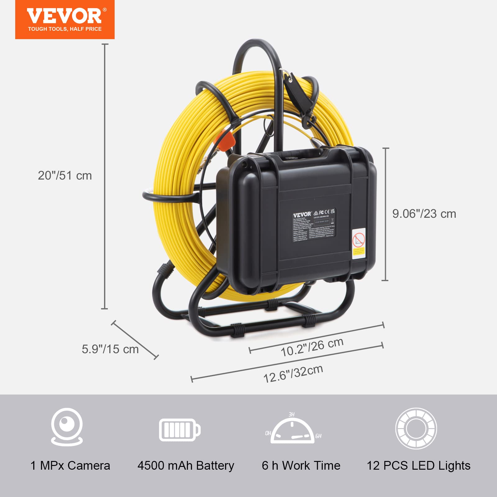 VEVOR Inspection Camera Rura 91,5 m Endoskopowy ekran odpływowy 9'' z wodoodpornym rejestratorem DVR IP68 12 diod LED, regulowana, karta SD 16 GB do rury kanalizacyjnej domu hydrauliki spustowej