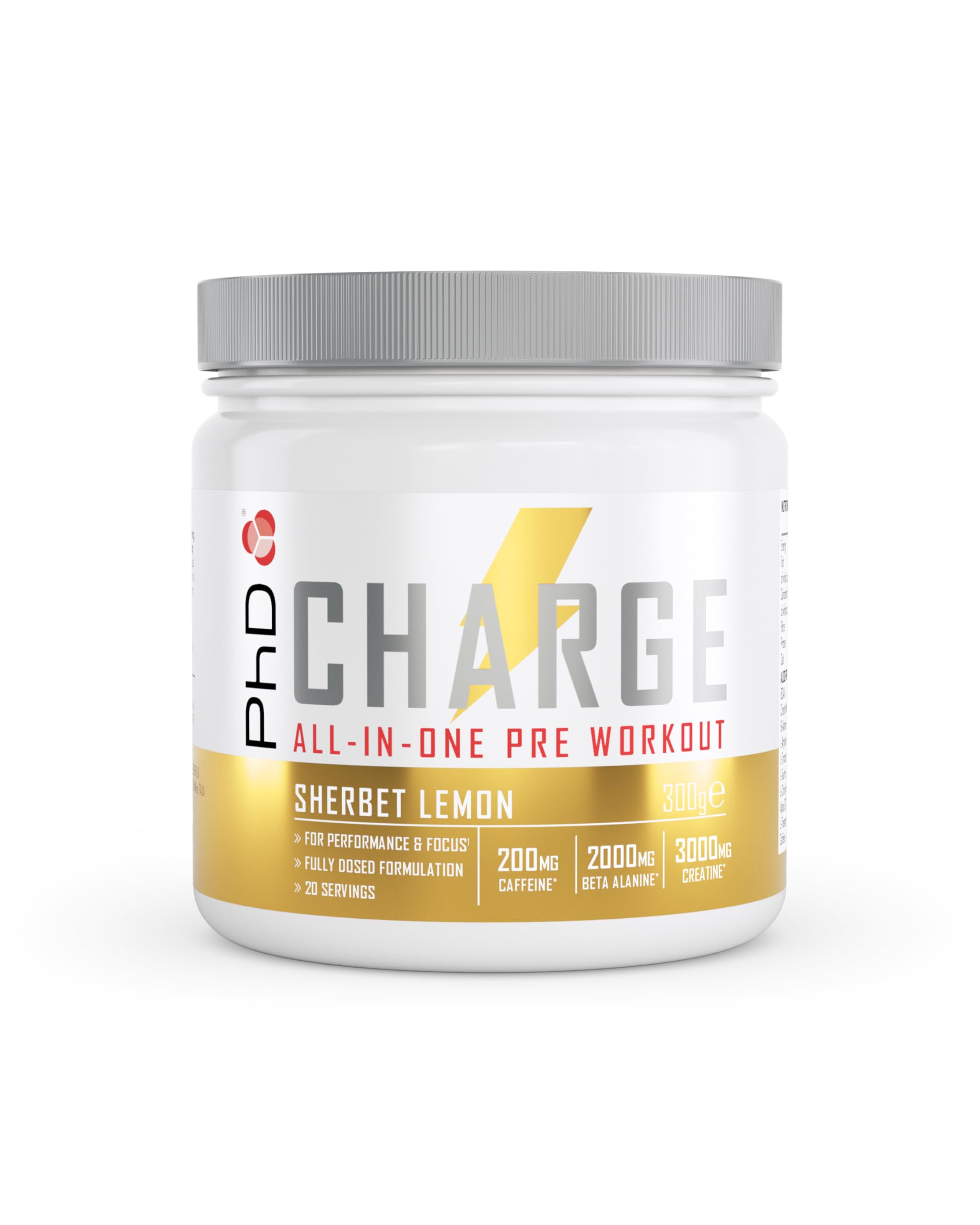 PhD Nutrition Charge Pre-Workout Pulver – Zitronenbonbon, zuckerfrei