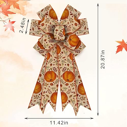 Miniatura 7 de Arco grande de otoño para corona, moño de arpillera naranja blanco búfalo a cuadros para decoración de otoño, lazo de hojas de otoño para puerta