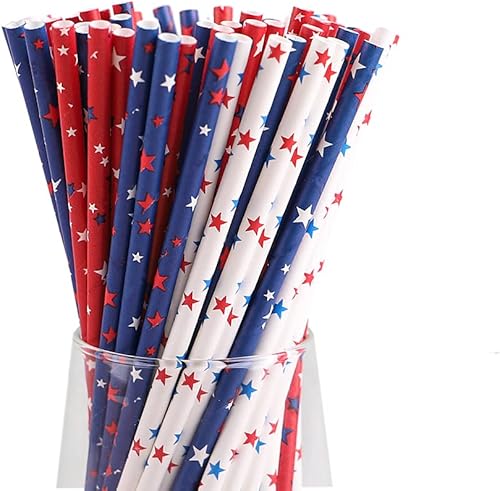 Miniatura 6 de DLSM - Paquete de 200100400 pajitas de papel biodegradables extra duraderas de primera calidad ecológicas con bandera estadounidense para batidos,