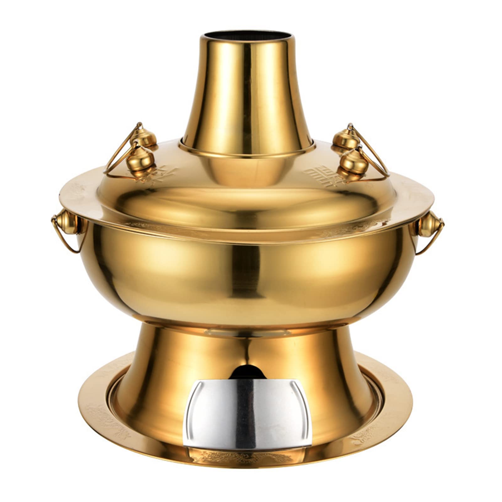 NGDFGR Vintage Shabu Steamers Hot Pot,Stainless Steel Charcoal Copper Shabu Serving Hotpot Cooker Chinese Traditional Soup Pot Cookware With Chimney For Home Party,Gold-28CM