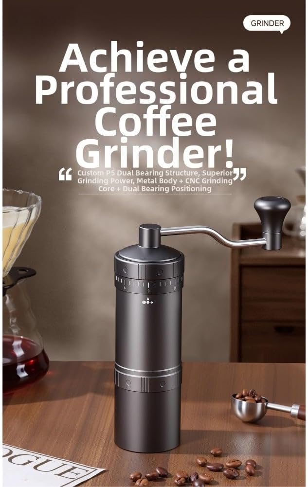 Manual Coffee Bean Grinder Portable Stainless Steel Burr Hand Cranked Adjustable Grind Size for Espresso Press Drip Brewing Lightweight Travel Home 5x17x13.5cm Easy to Clean(Gray2)