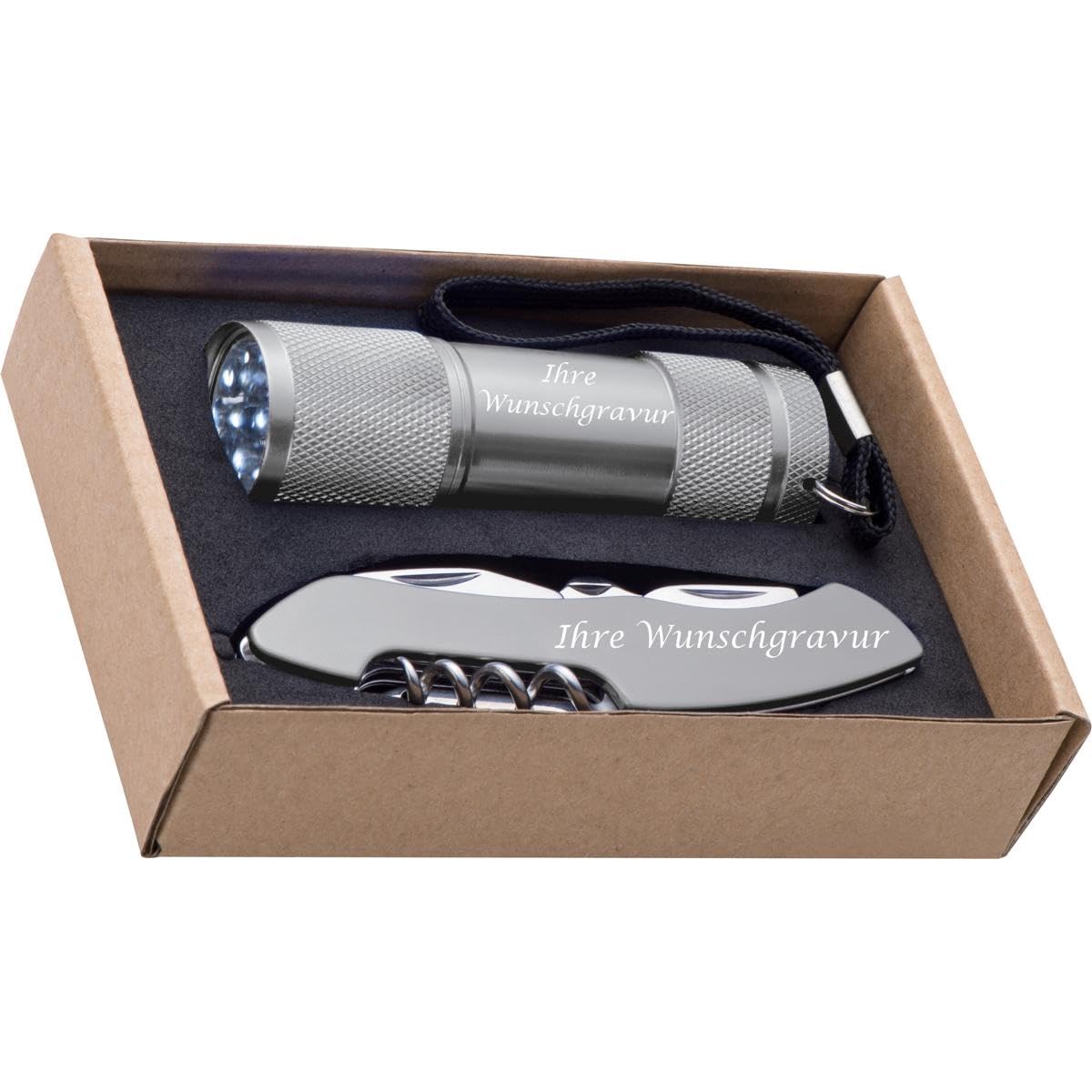 Set bestehend aus Taschenlampe und Taschenmesser mit Gravur / Farbe: silber Baumarkt