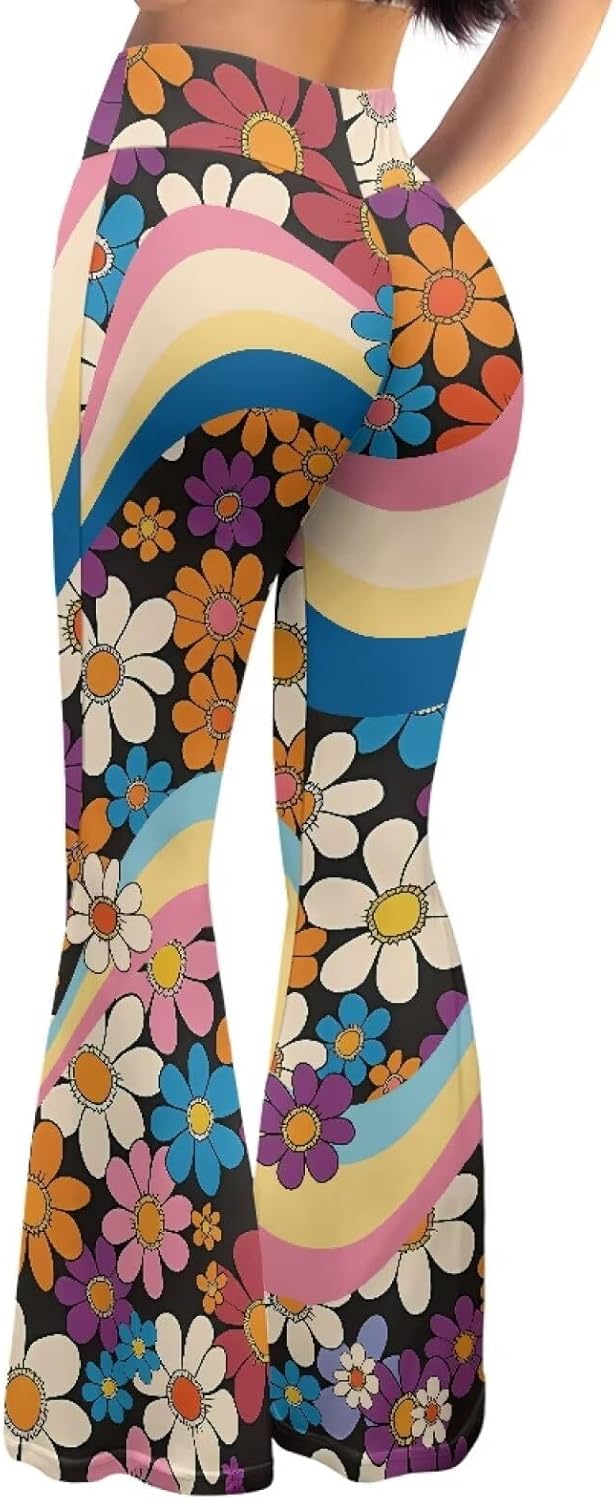 Women's 70S Yoga Pants Flare Ladies Hippie Flower Flared Leggings Athletic Leggings High Waisted Workout Pants - Image 6